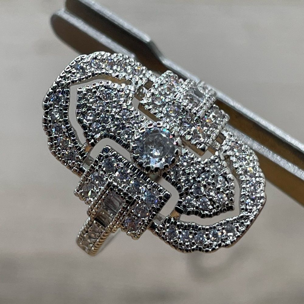 Beautiful Large Art Deco Statement White Diamond Cz Silver Plated Ring